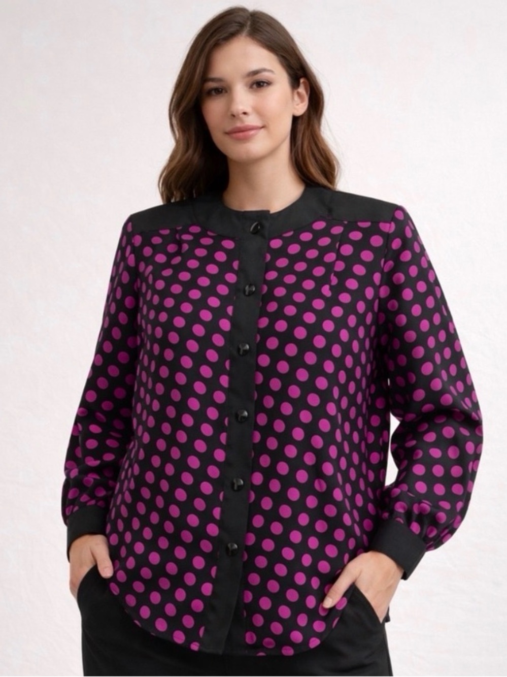 Anne Klein Polka Dot Blouse Size 10 Black Pink Long Sleeve Button Front(A463)✨